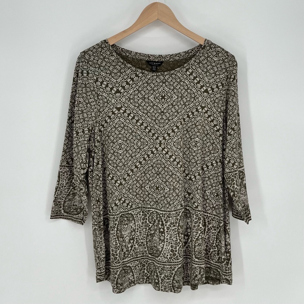 Lucky Brand Womens Floral Boho Top Size 1X Green 3/4‎ Sleeve Paisley Pullover